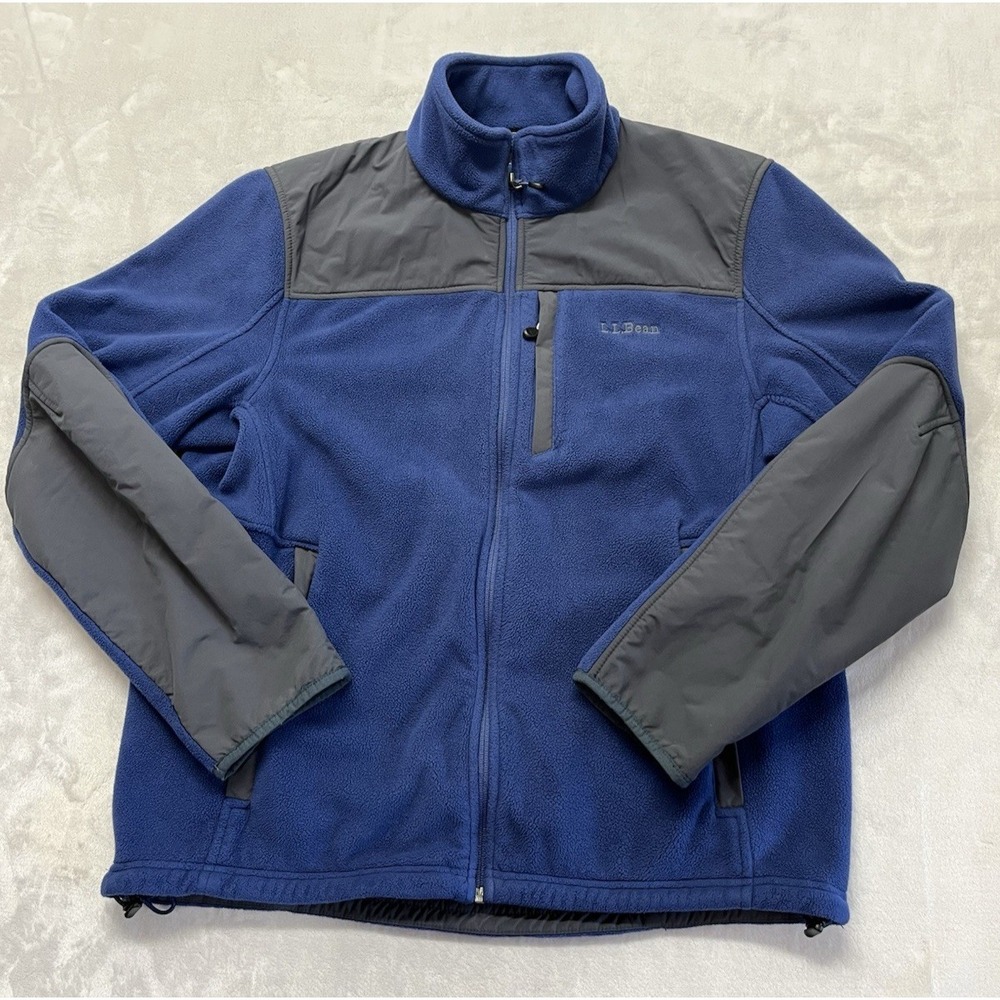 LL Bean Polartec Jacket Men Medium Navy Fleece Full Zip Elbow Patch Outdoors